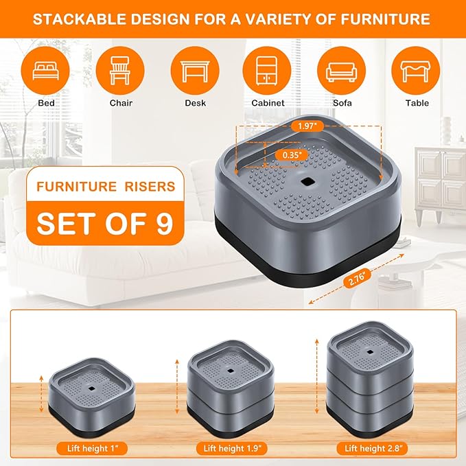 shouwuhho 9 Pack Furniture Risers Adjustable Bed Risers Heavy Duty Lifts Height 1", Square Stackable Bed Risers 1, 2 or 3 Inch for Desk Leg Table Couch Sofa Chair Bed Frame Legs Dorm, Gray