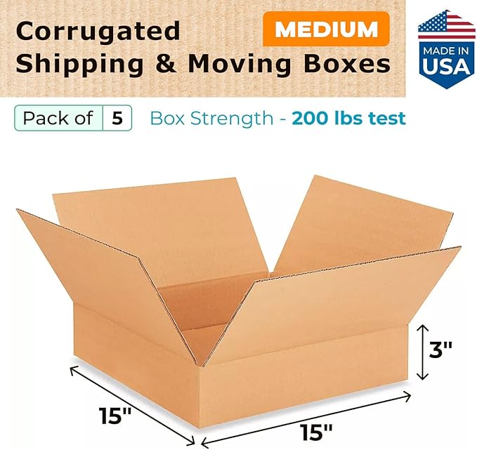 IDL Medium Moving & Shipping Boxes - 5-Pack, 15 x 15 x 3 inches, Extra Strength 200 lb Corrugated Packing Boxes
