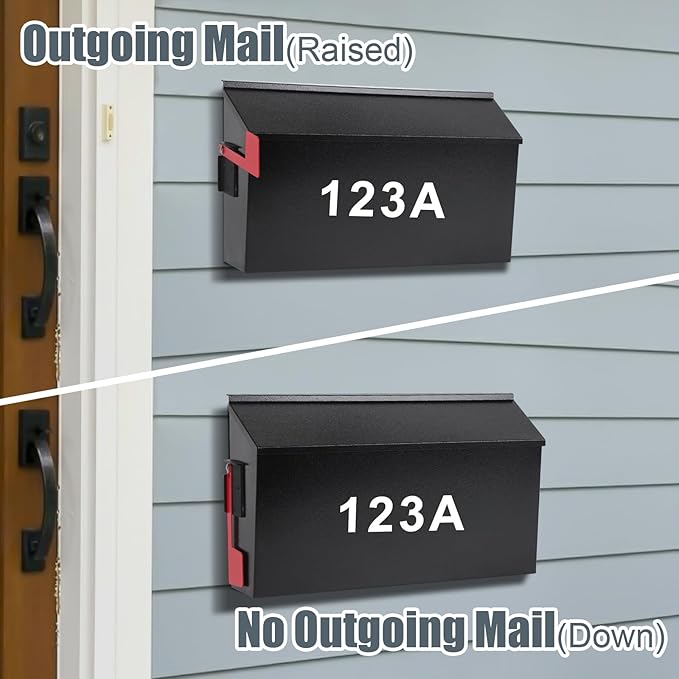 KYODOLED Wall Mount Mailboxes for Outside with Flag and Number Stickers, Galvanized Steel Rust-Proof Metal Post Box, Large Capacity Mail Box for House,15.7"x9.9"x4.9" Black