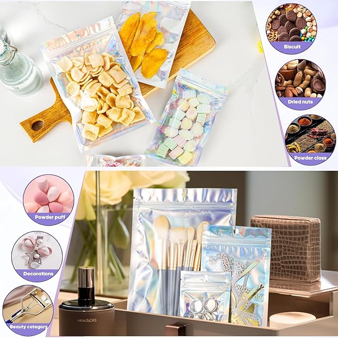 100Pcs Holographic Packaging Bags, 4.7x7 inch Resealable Foil Pouch Mylar Sample Bag Great for Small Business and Party