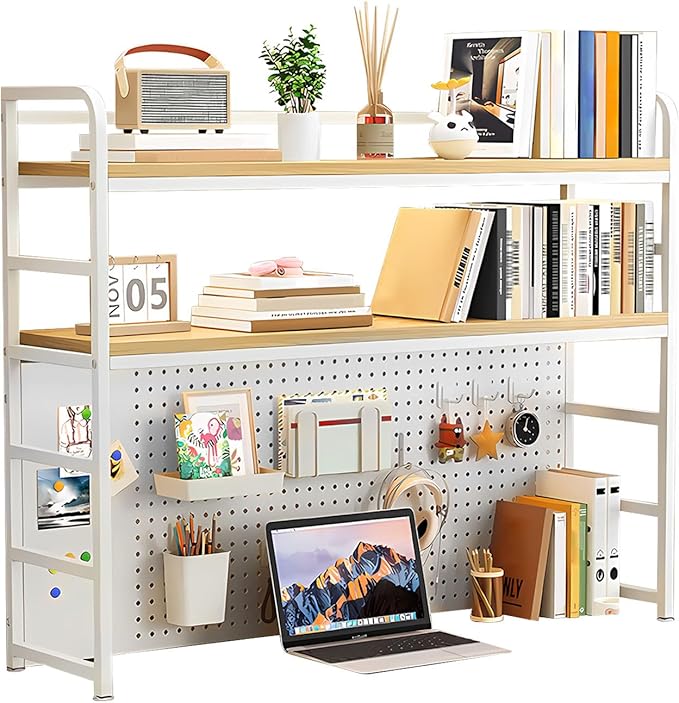ZWCQSYS 2-Tier Desktop Bookshelf Hutch - Metal Desk Shelf Bookcase with Desk Pegboard Countertop Storage Organizer Rack for Dorm or Office (A, 90cm/35.4in)