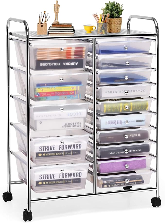 GOFLAME 15-Drawer Rolling Storage Cart, Craft Storage Cart with Removable Drawers & Lockable Wheels, Art Cart Supply Storage Organizer for Home Office Classroom, Clear