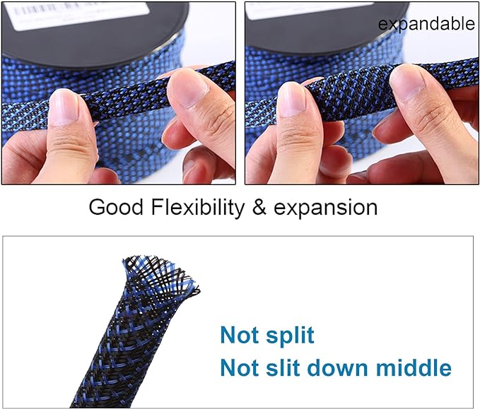 100ft - 3/4 inch PET Expandable Braided Sleeving – BlackBlue – Alex Tech Braided Cable Sleeve