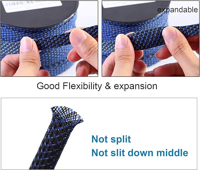 25ft - 1/2 inch PET Expandable Braided Sleeving – BlackBlue – Alex Tech Braided Cable Sleeve