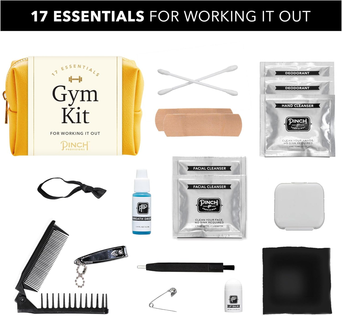 Pinch Provisions Gym Kit, includes 15 Personal Care Essentials for Wellness & Beauty, Perfect for Gifts, Gym Bags, Duffle Bags & Lockers (Mustard)