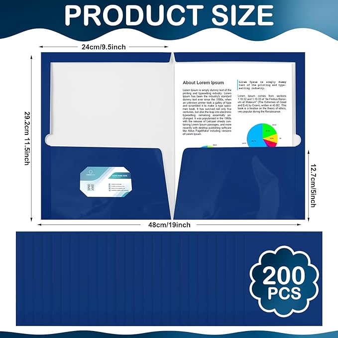 Yeaqee 200 Pack 2 Pockets Glossy Laminated Paper Folder First Day of School Presentation Folder Letter Size Two Pocket File Portfolio Holder Back to School Items Bulk for Teacher Office (Blue)