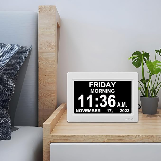 SSYA Digital Calendar Alarm Clock - Dementia Clocks for Seniors, Non-Abbreviated Memory Loss Clock with Date and Time for Elderly (White)