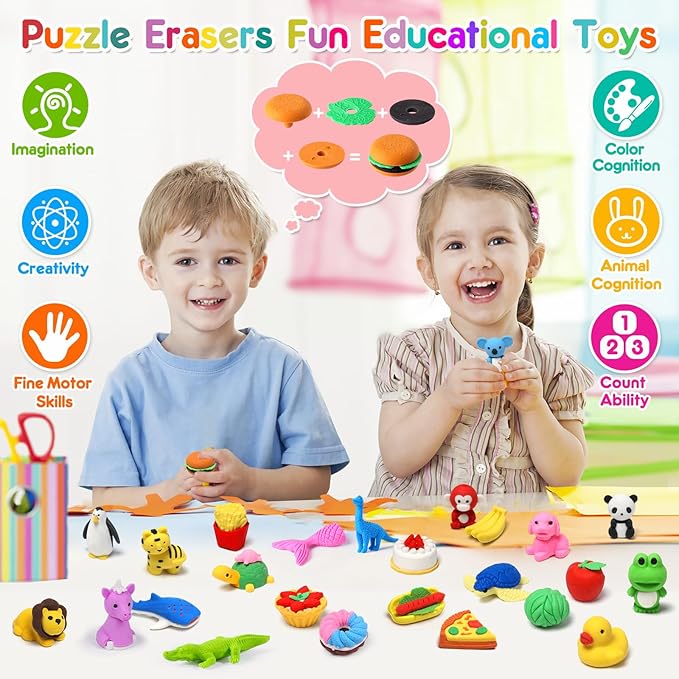 80PCS Mini Animal Erasers for Kids Bulk Small Toys, 3D Cute Erasers Desk Pets Treasure Box Toys Prizes for Classroom School Supplies Teacher Must Haves Students Gifts Kids Party Favors, Random