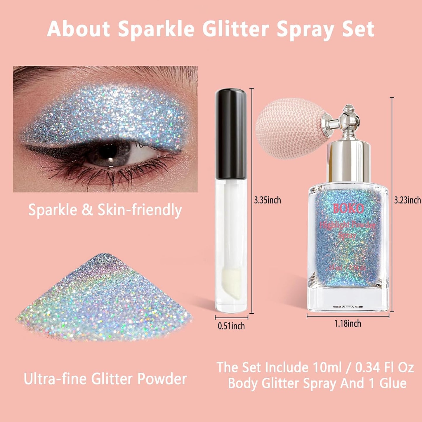 Boko Body Glitter Spray, Silver Glitter Spray for Sparkling Body Face Hair Nail Clothes, Hair Glitter Spray Body Shimmer Powder for Highlighter Makeup Festival Concert Party Rave Accessories