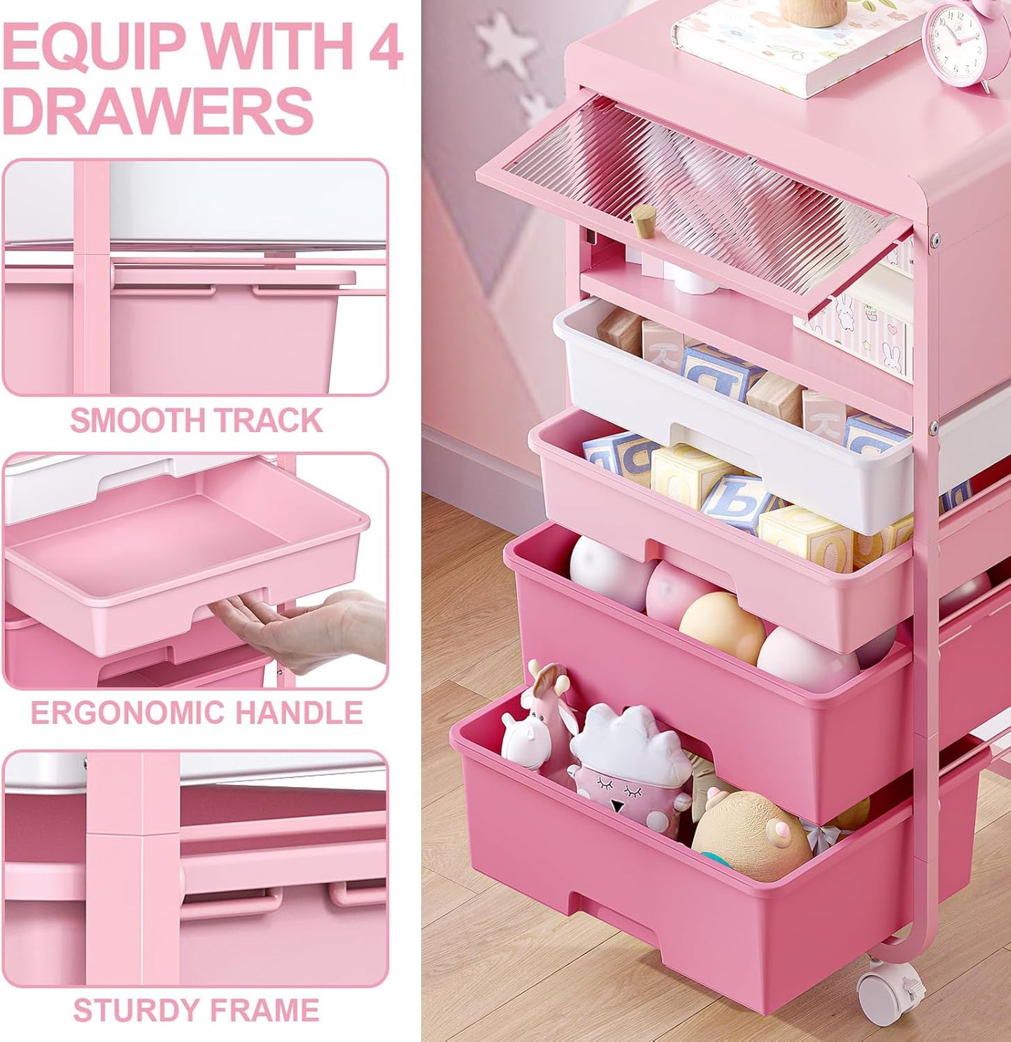 Utility-Rolling-Storage-Drawer-Craft-Cart-Organizers with 4 Drawers & Dust-Proof Door for Kid Craft Art Room,Bedroom,Home Office, Classroom, Rose Pink
