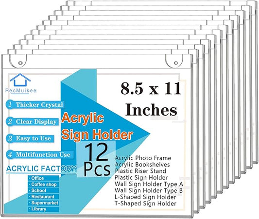 PecMuikee Acrylic Sign Holder 8.5x11 Horizontal, Wall Mount Acrylic Sign Holder and Plastic Paper Display Ad Frame bonus with 3M Tape and Mounting Screws for Restaurants, Office, Store, 12 Pcs