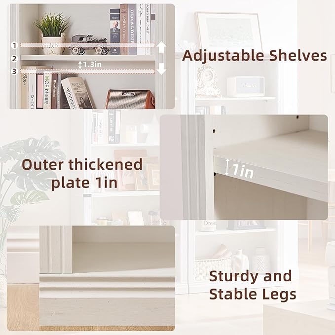 RWYHG 70" White Tall Bookshelf Set of 4,5-Tier Thick Wooden Book Shelf with Adjustable Shelves,Free Standing Farmhouse Bookcase with Open Display Storage,Floor Vintage Bookshelves for Living Room