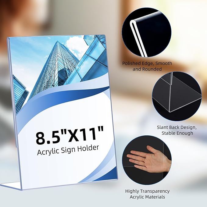 DECOHOBO 30 Pack Acrylic Sign Holder 8.5 x 11, Clear Plastic Display Stands for Tabletop, L-Shape Acrylic Stands for Flyers, Documents, Office, Restaurants, Vertical Sign Holder 8.5x11 for Desktop