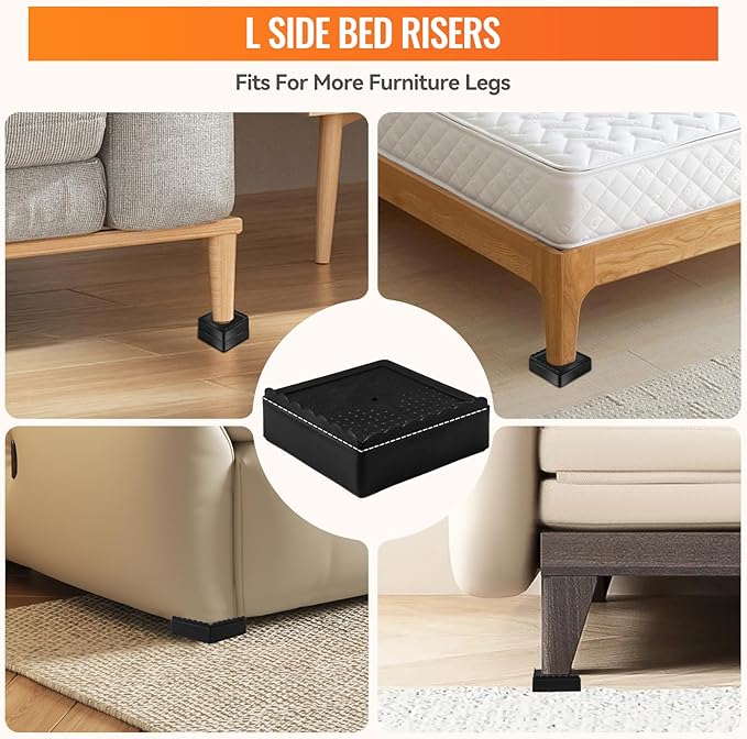 Furniture Risers, 8 Pack Bed Risers with Non-Slip Grip and Heavy Duty Support, 1 Inch 2 Inch 3 Inch 4 Inch Height Lift for Couch, Sofa, Table, Desk, Chair, Refrigerator - Black, 1+1+1+1 Inch