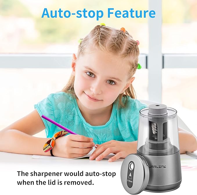 JARLINK Electric Pencil Sharpener, Heavy-Duty Helical Blade to Fast Sharpen, Auto Stop for No.2/Colored Pencils(6-8mm), AC Adapter/Battery Operated in School Classroom/Office/Home (Gray)