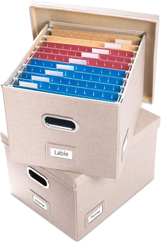 PRANDOM File Organizer Box - Set of 2 Collapsible Decorative Linen Filing Storage Hanging File Folders with Lids Office Cabinet Letter/Legal Size Light Grey (17x14x11.2 inch)