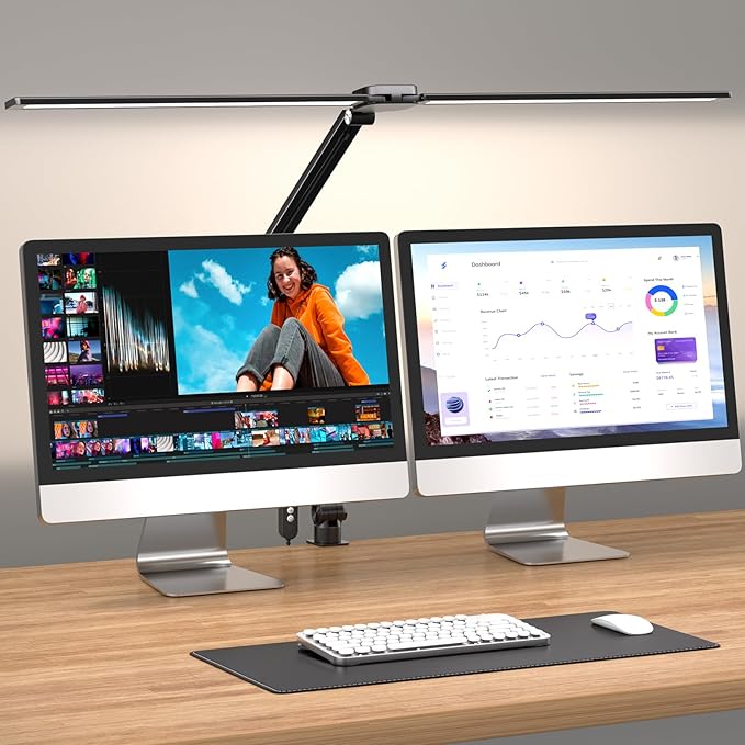 LED Desk Lamp for Office Home, 31.5" Architect Desk Light with Clamp Dual Screen Computer Monitor, 15W 5 Color X 10 Brightness Levels Desk Lamp for Reading, Study, 1000LM Bright, Memory Function