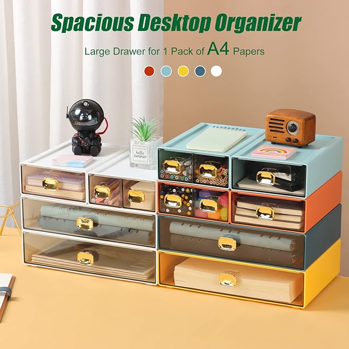 OSteed Spacious Desktop Storage Box, 1 Large 1 Middle & 2 Small Storage Drawers, Stackable Office Desk Drawer Organizer and Accessories, Printer Paper Organizer, Blue Plastic Drawers for Workspace