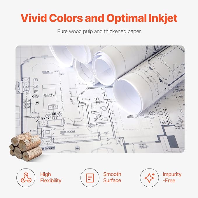 VEVOR Wide Format Paper, 24 in x 500 ft Plotter Paper, 2 Rolls CAD Bond Rolls with 3 in Core, 20 LB Bond Paper Rolls, Idea for CAD Drawings, Engineering Plans, GIS Maps & Architectural Designs