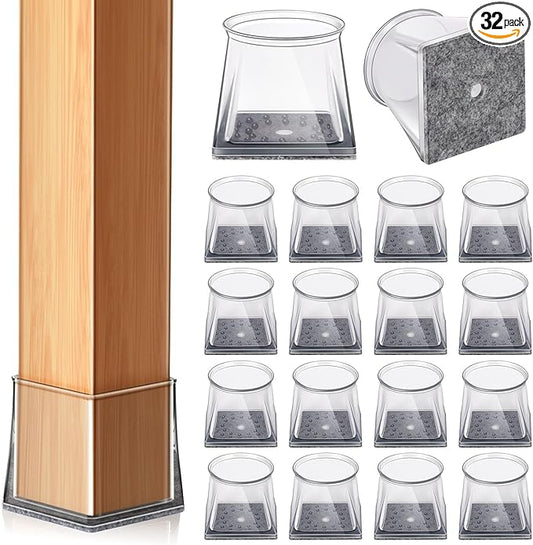 32 Pcs Square Chair Leg Floor Protectors for Hardwood Floors, Clear Silicone Chair Leg Caps Covers Sliders, Floor Protectors for Chairs, Protect Floors (M Fits: 1-1/16" to 1-5/16")