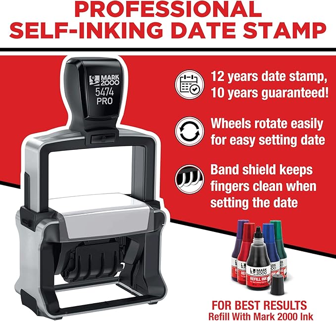 Mark 2000 5474 Professional Self Inking Date Stamp with Custom Text - Up to 8 Lines of Text
