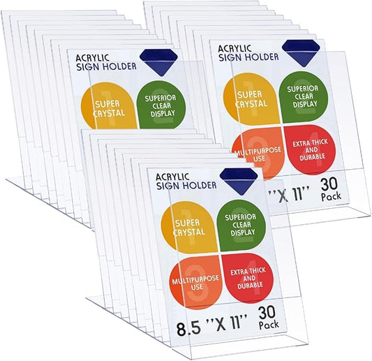 Jetec 30 Packs 8.5 x 11 Acrylic Sign Holder Clear Plastic Frames Acrylic Display Stands Vertical Slanted Back for Displaying Signs and Menus