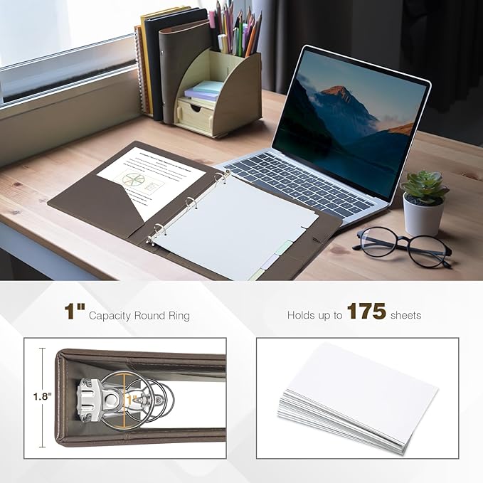 Ospelelf Vintage Hardcover 3 Ring 1 inch Leather Binder, Professional Binders Organizer Suitable for Letter Size Documents, Binder Dividers with Tabs, Light Brown