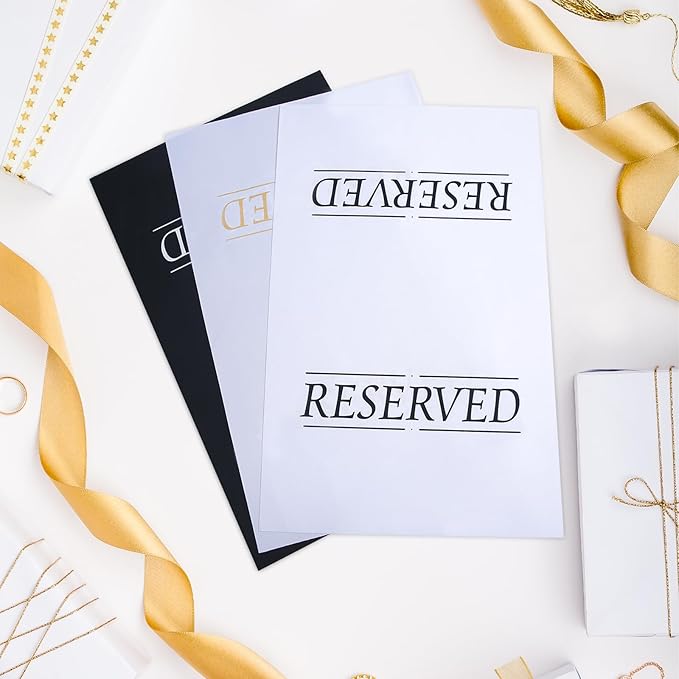 6 Pcs Reserved Seating Signs Reserved Chair Sign Printed Placeholder for Church Pew, Wedding, Party Events (Black and White, 6 Pcs)