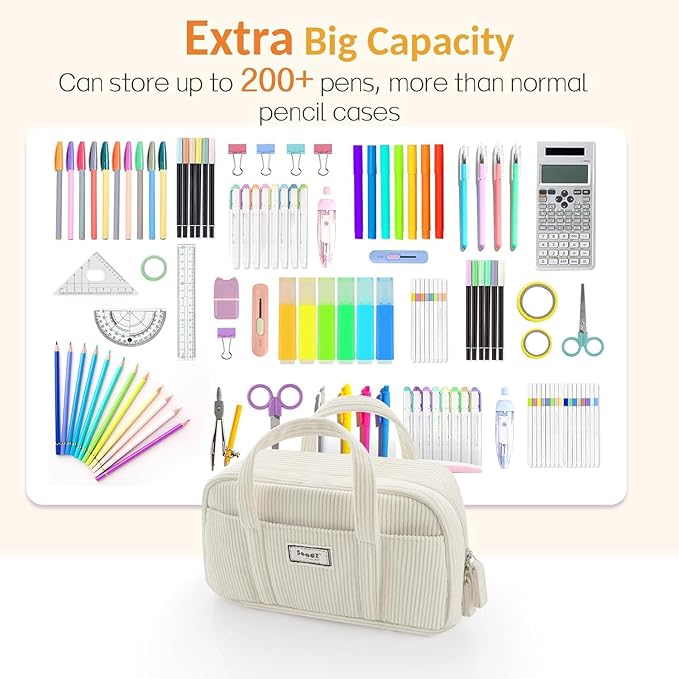 Sooez Large Pencil Case Pouch, Extra Big Pencil Bag with 5 Compartments, Pen Bag Wide Opening, Soft Waffle Pencil Pouch Organizer with Zipper, Cute Aesthetic School Supplies for Girls-Pinkish Orange