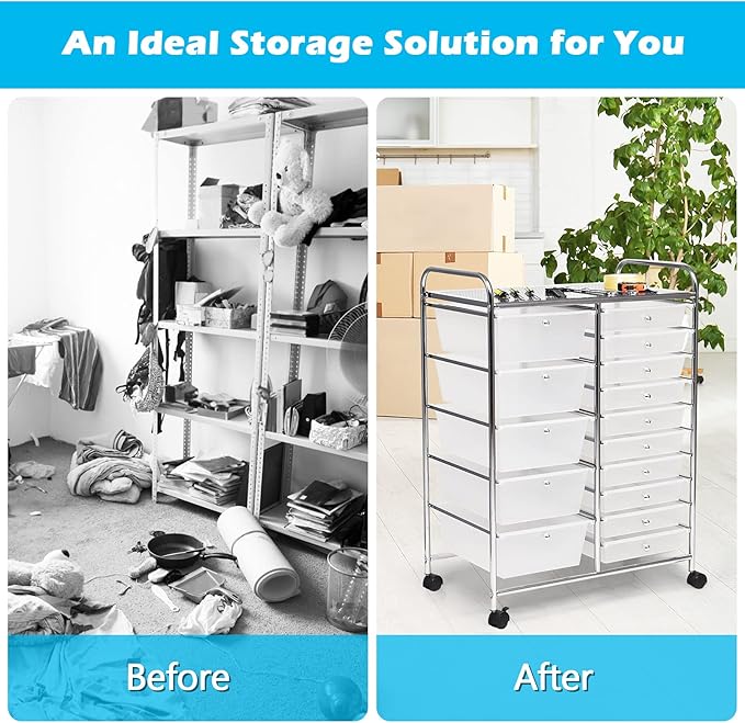 GOFLAME 15-Drawer Rolling Storage Cart, Craft Storage Cart with Removable Drawers & Lockable Wheels, Art Cart Supply Storage Organizer for Home Office Classroom, Clear