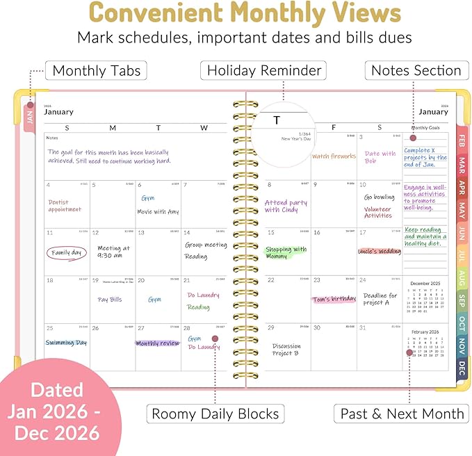 Forvencer 2026 Planner, Hardcover Calendar Planner Weekly and Monthly, Jan 2026 - Dec 2026, 6" x 8", Spiral Agenda Book with Tabs, Exquisite Daily Journal Organizer for Home School, Dark Green