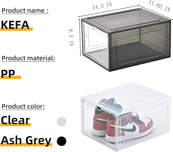 KEFA XL Shoe Storage Box, 6 PACK Shoe Boxes Clear Plastc Stackable Organizer, Clear Plastic Shoe Boxes Fit for US 15 (6 PACK BLACK)