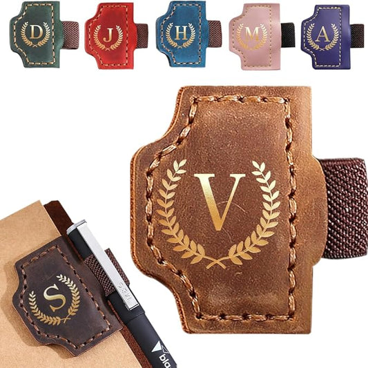 Personalized Bygone Mark Bookmark with Pen Holder, Leather Magnetic Bookmark 26 Letters,Gifts for Book Lovers, Readers, Leather Book Marks for Men Women (Brown, V)