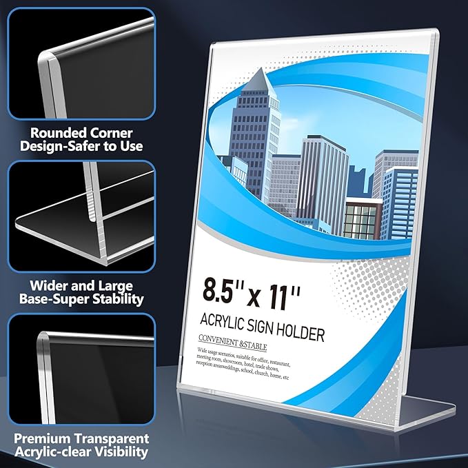 Eocnrhe Acrylic Sign Holder 8.5 x 11 12 Pack, Double-Sided Clear Sign Holder Plastic Stands for Display, Table Sign Stands, L Shape Flyer Holder