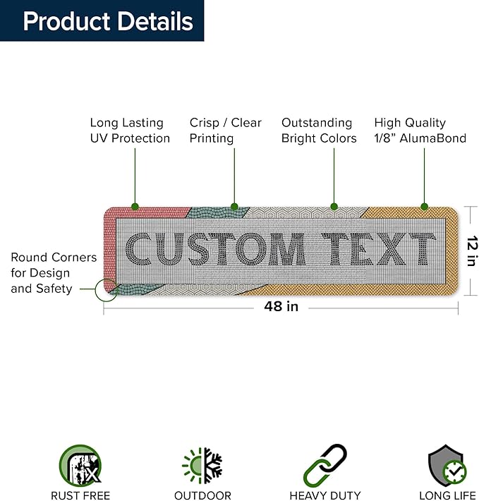 Custom Sign, Custom Street Sign, 11 Font Colors, 13 Font Styles, 4 Hole Options, 22 Sizes, 12x48 Inches, Rust Free DiBound, Fade Resistant, Made in USA by My Sign Center (Fauxsaic 2)