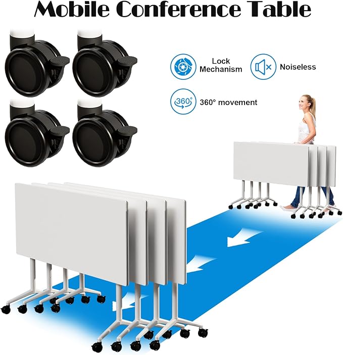 Conference Table Flip Top Mobile Conference Room Tables,Folding Conference Table with Wheels,Large Meeting Training Seminar Table Saving Space for Office Classroom (2, White, 61'')