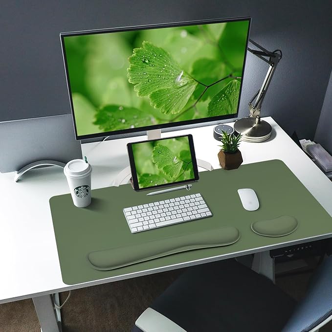 Bloss Keyboard Wrist Rest + Mouse Wrist Rest + Leather Desk Mat, Non-Slip Desk Mat Protector for Office, Home(31.5×15.7 Inches,Olive Green)