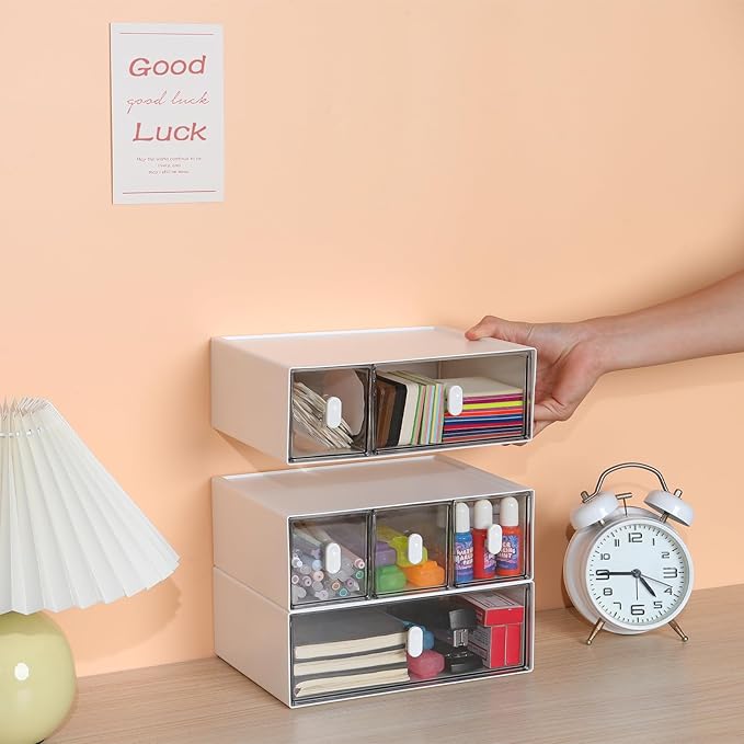 OSteed Desktop Drawers, Desk Organizer with 1 Large Drawer & Upright Handles, Stackable Plastic Storage Box for Home Collection, Cosmetics, Office Supplies (Tall Layer, White & Clear)