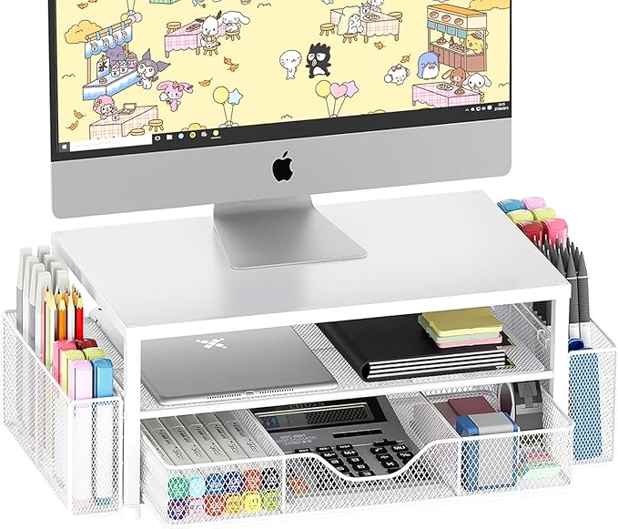OPNICE Desk Organizers and Accessories, 2-Tier Computer Monitor Stand Riser with Drawer and 2 Pen Holders, Laptop Stand, Office Desk Accessories for Office Supplies, White