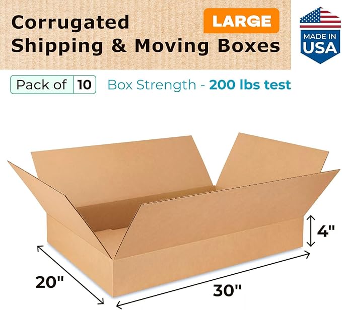 Large Shipping & Moving Boxes 30x20x4 inches (10-Pack) - Extra Strength 200 lb vs Regular - Corrugated Strong Cardboard Boxes - Heavy Duty Large Cardboard Box by IDL Packaging