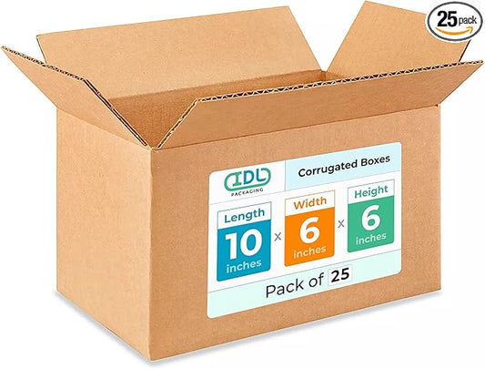 Medium Moving & Shipping Boxes 10"L x 6"W x 6"H (25-Pack) - Extra Strength 200 lb vs Regular - Corrugated Packing Boxes for USPS/UPS/FEDEX - Durable Cardboard Box - Shipping Box by IDL Packaging