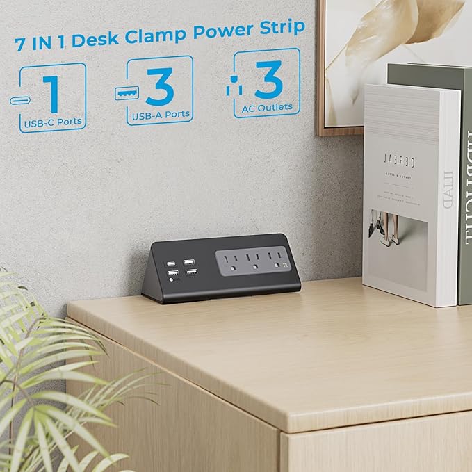 Nightstand Charging Station, Nightstand Edge Power Strip with 3 AC Outlets, 4 Fast Charging USB Ports, Connect 6.56FT Flat Plug, Desk Surge Protector for Office Home Hotel, 2-Pack(Black/White)