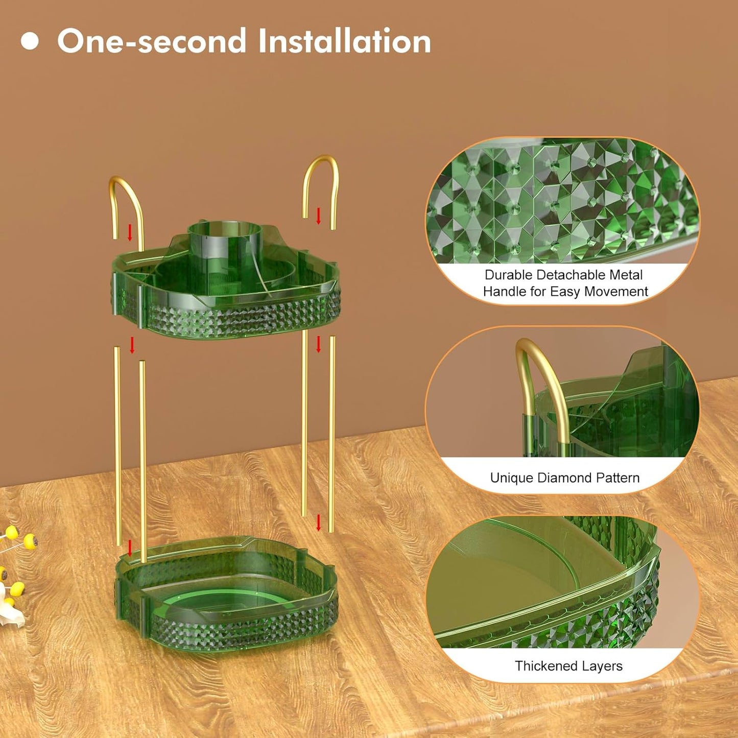 Awenia Rotating Makeup Organizer 360, Stackable Adjustable Large Capacity Cosmetic Storage Unit,Dresser Bathroom Kitchen Countertop Organizer with Metal Handle, Plus Size (Gem Green, 2 Tier)