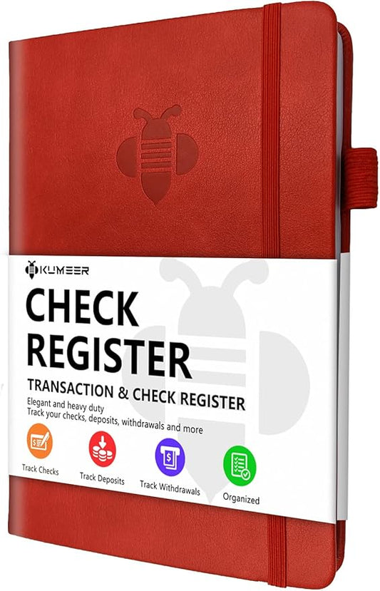 KUMEER Check Register – Elegant Check Registers for Personal Checkbook with Check & Transaction Registers, Hardcover Checkbook Log 5.2x7.6" (Red)