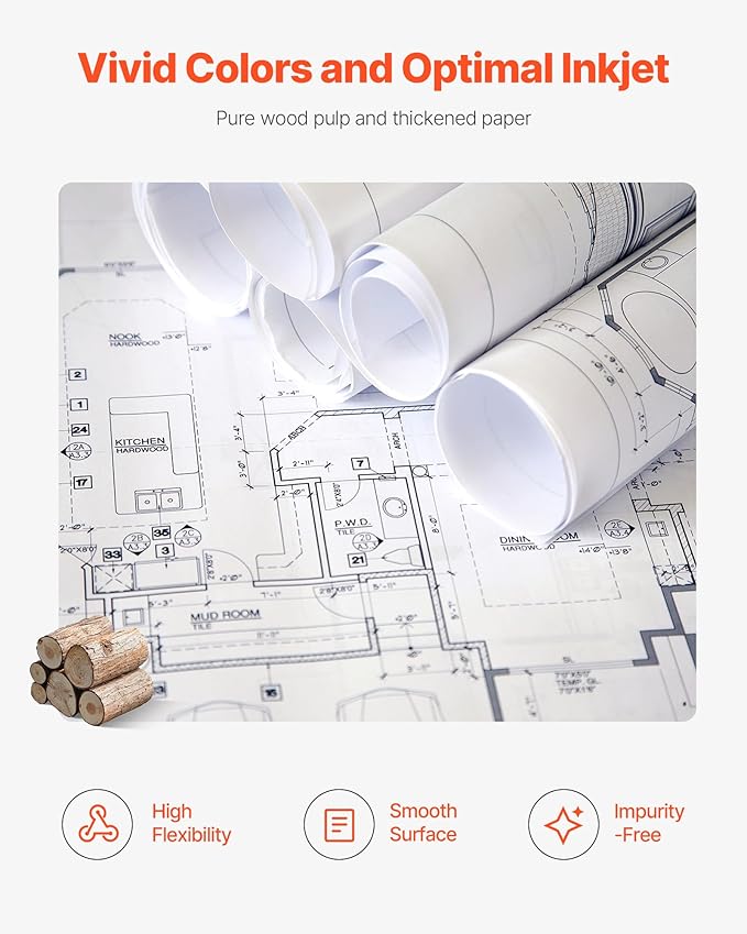 VEVOR Wide Format Paper, 24 in x 150 ft Plotter Roll, 2 Rolls CAD Bond Rolls with 2 in Core, 20 LB Bond Paper Rolls, Ideal for CAD Drawings, Engineering Plans, GIS Maps, and Architectural Designs