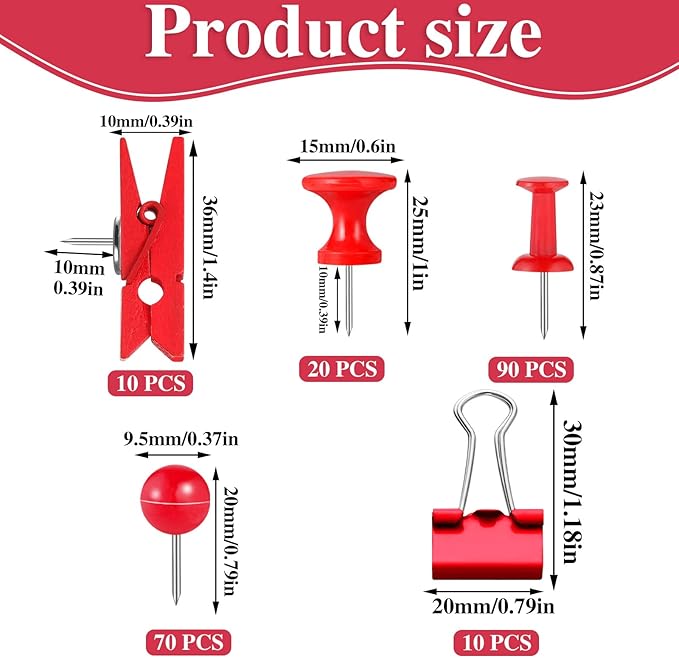 200 Pieces Push Pins, 5 Style Red Thumb Tacks Decorative Push Pins for Cork Board Office Wall Bulletin Board Craft Project Home Supplies