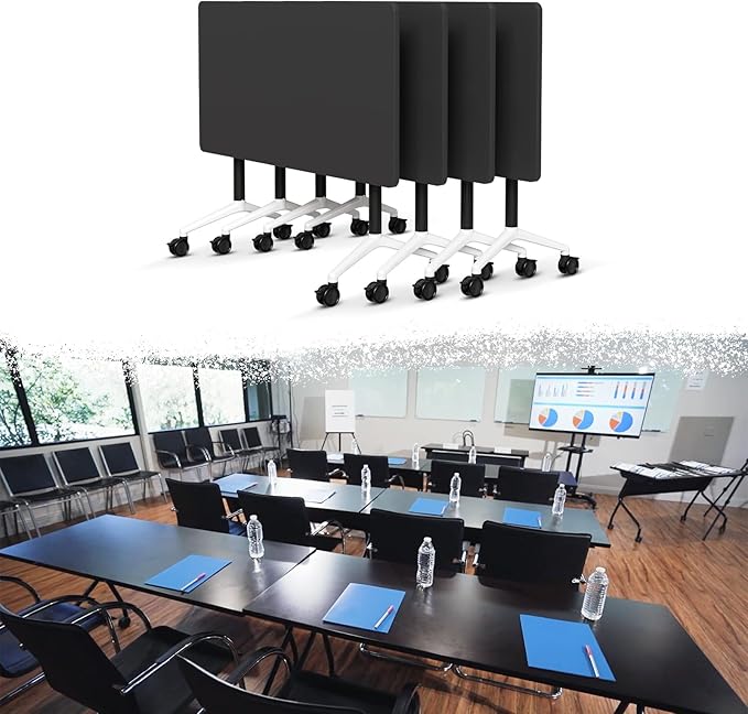 Goakwwuz Conference Room Table, Folding Conference Tables,Thicken Grey Tabletop,Flip Top Wooden Seminar Meeting Room Table for Conference Room Offices (4, Black, 47.2“)
