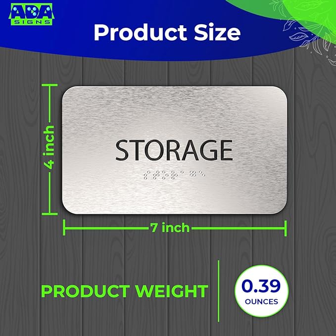ADASigns Storage Room Sign 7”x4” - Durable Brushed Aluminum with Grade 2 Braille - Easy Installation with Strong Adhesive Tape - ADA Compliant Storage Signs for Business, Restaurants & Offices
