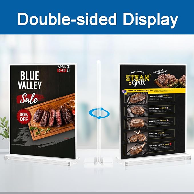 BlueValley Acrylic Sign Holder 8.5 x 11 Vertical - Double Sided Clear Sign Holders Plastic Stands for Display-6 Pack Document Paper Sign Stand for Table Top, Office, Restaurant, Store, Wedding, Party, Show Fairs