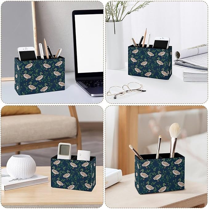 Famame Cute Farm Animal Mallard Duck Pencil Holder for Desk, Leather Desktop Container Pen Cup Storage Study Table Pen Organizer Makeup Brushes Holder for Office Home